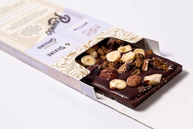 Delicious organic Hazelnut & Fig Bark chocolate bar open box