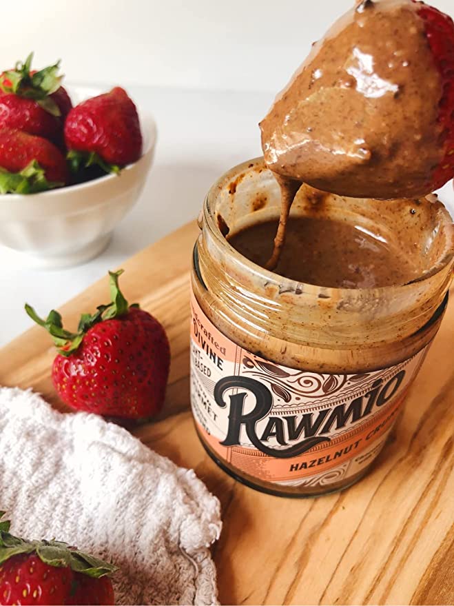 Delicious Rawmio hazelnut crunch spread with strawberry 