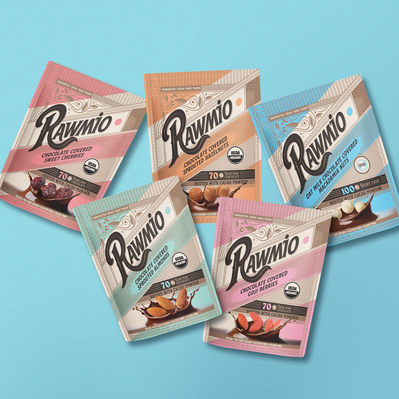 Rawmio Chocolate Covered Sprouted Almonds, Sprouted Hazelnuts, Macadamia Nuts, Cherries & Goji Berries, Variety Pack of 5, 1 of each, 2oz