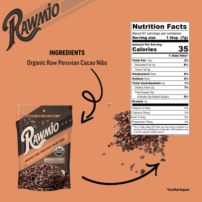 Package of organic raw peruvian cacao nibs with ingredients and nutrition facts