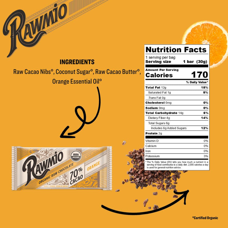 Package of essential orange chocolate bar with ingredients and nutrition facts