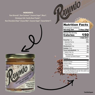 Package almond chocolate chip cookie dough spread with ingredients and nutrition facts