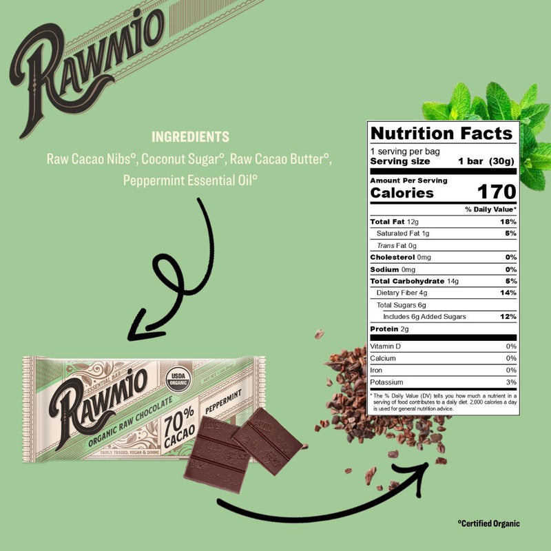 Package of essential mint chocolate bar with ingredients and nutrition facts